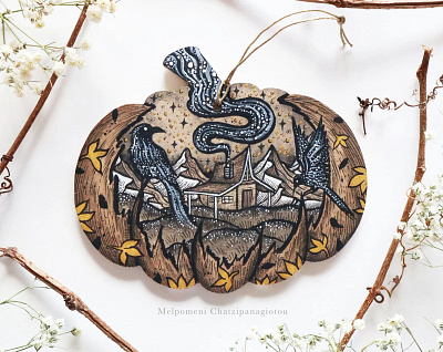 Wooden Pumpkin Crow Cabin art autumn cabin celestial crow design drawing graphic design halloween handmade illustration landscape leaf mountains nature pumpkin scenery spookyseason woodslice