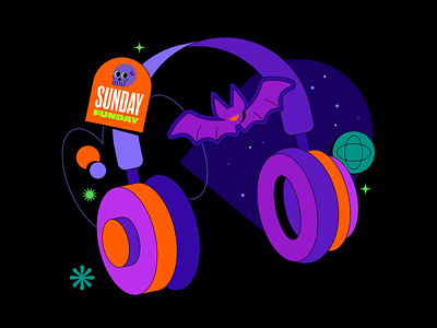 Spooky Sounds on TikTok LIVE! bat halloween headphones illustration orange purple spooky stars tiktok tombstone vectober vector