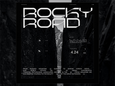 RockyRoad Hiking Experience black and white branding brutalism design first screen font graphic design interface landing page minimalist modern product design rock typography ui ux