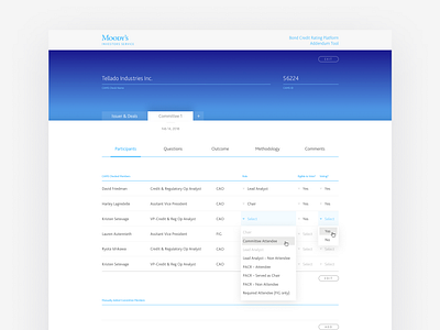Moodys - Rating Tool clean credit rating financial minimal moodys product design rating tables ui ux