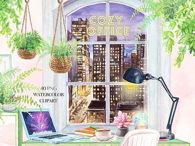 Watercolor Cozy Office Clipart aquarelle card design city illustration cityscape clipart cozy office graphic elements hand drawn hand painted home office illustration ink night illustration office illustration painting watercolor clipart watercolor design watercolor elements watercolour whatercolor