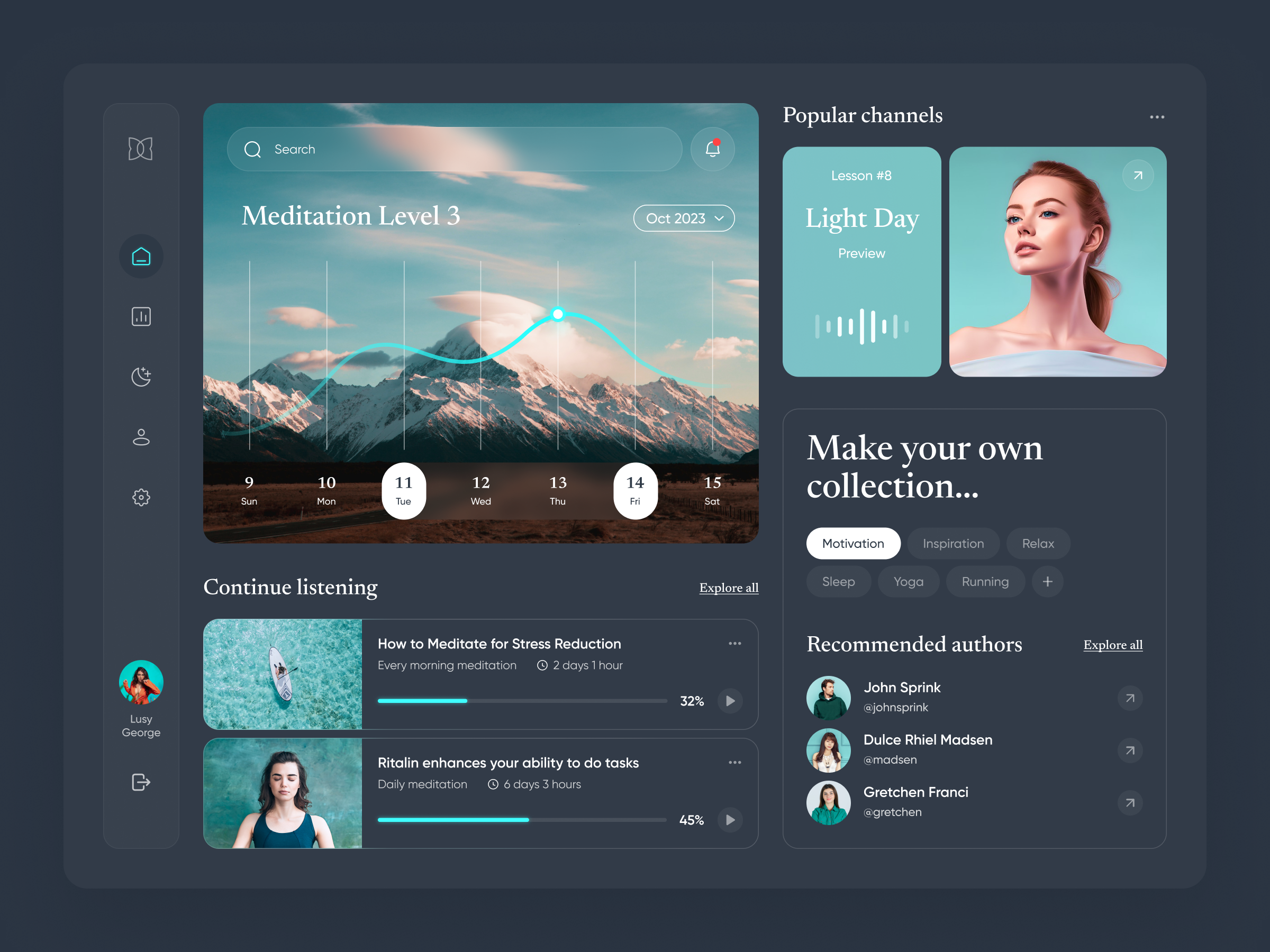 Meditation Dashboard app blue branding calm dark mode dashboard logo meditation app meditation dashboard motion graphics music app music dashboard player spotify ui dashboard ux dashboard ux ui design ux ui new video app youtube
