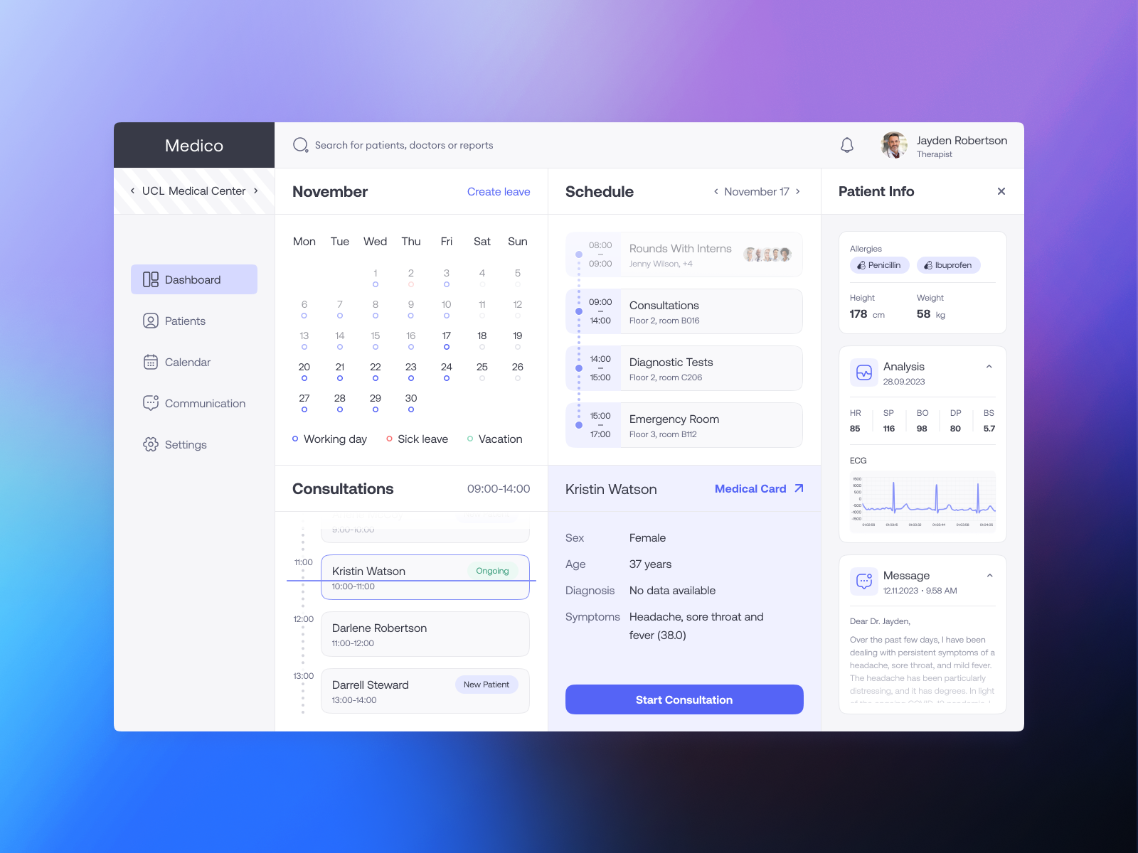 Comprehensive Doctor's Dashboard allergies calendar card chat communication consultation dashboard diagnosis doctor ecg emergency hospital medical minimalism patient schedule sidebar symptoms task vitals
