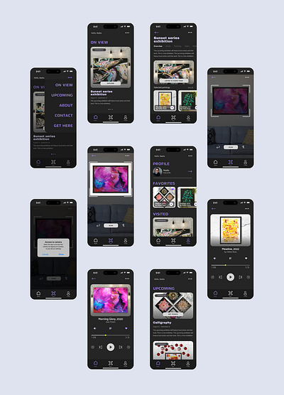 Art gallery app UX/UI access to camera art app art gallery art gallery app audio tour app branding dashboard figma gallery app graphic design image recognition listen to art mobile app mobile app for art mobile screens profile profile ui scan ui uxui