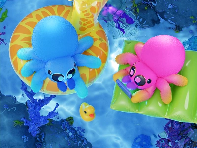 Summer time 2d 3d 3d art animals blender branding cawaii character cute design duck graphic design illustration jelly fish logo render sea spider water web