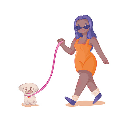 Walking with my dog! art artwork character design chibi cookiesncream cute illustration digital art dog editorial girl illustration lovely art orange purpple vector walking