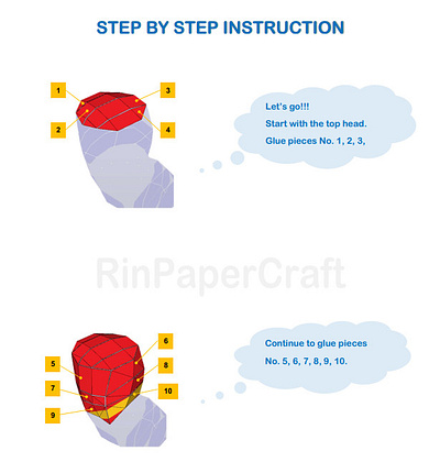 Step by Step instruction by me (for Larve Red model) 3d model assemble cartoon cutting handmade larva red papercraft instruction step by step