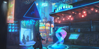 Cyberpunk-Stormwind cityscape concept art environment illustration landscape