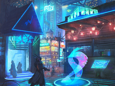 Cyberpunk-Stormwind cityscape concept art environment illustration landscape