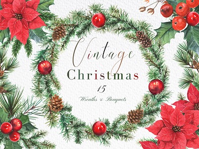 Watercolor Vintage Christmas Clipart aquarelle christmas christmas card christmas decor christmas design christmas flowers christmas frames christmas illustration christmas invitation christmas tree decor christmas wreaths chrsitmas tree clipart illustrations painting poinsettia watercolor christmas watercolor designs watercolor illustration watercolour