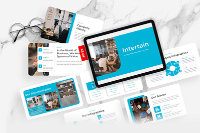 Intertain PowerPoint Template agency blue business company profile gsl intertain key modern powerpoint ppt pptx presentation template ui website white