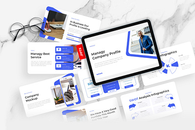 Managy PowerPoint Template agency blue business company profile gsl key managy modern powerpoint ppt pptx presentation template ui website white