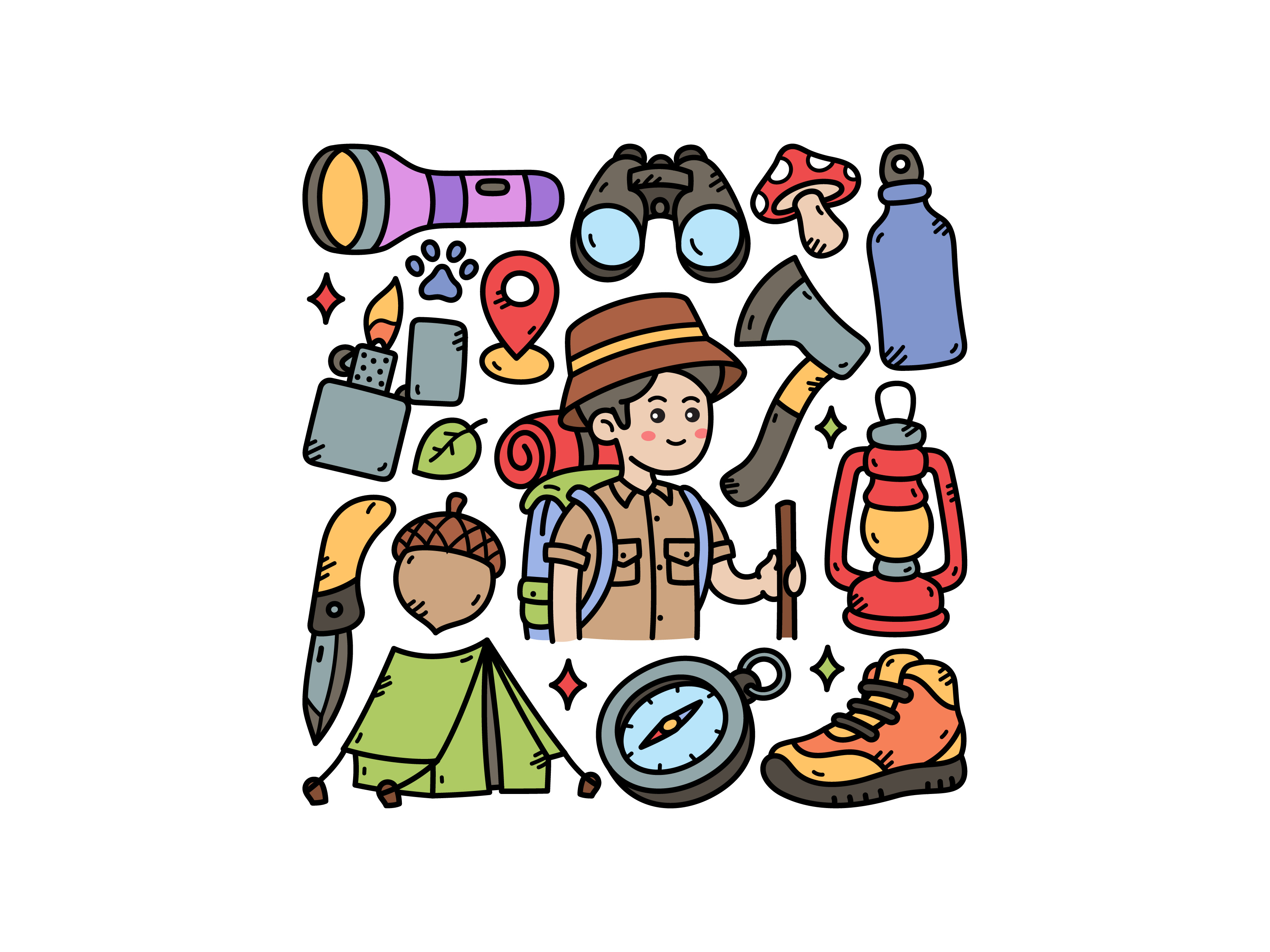 Camping Doodle Set camping compass cute doodle icon illustration latern lighter logo tent vector