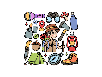 Camping Doodle Set camping compass cute doodle icon illustration latern lighter logo tent vector