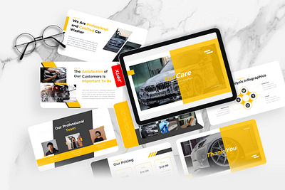 CarCare PowerPoint Template agency black business car wash carcare gsl key modern powerpoint ppt pptx presentation template ui website yellow