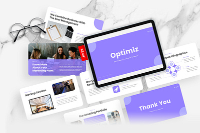 Optimiz PowerPoint Template agency business gsl key modern optimiz powerpoint ppt pptx presentation template purple seo marketing ui website white