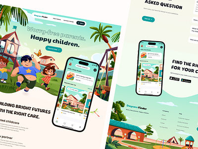 Daycare Finder: Landing Page Animation 👧🏻 animation butterflies cartoon children colorful daycare design green illustration kids landing page mobile mobile app motion graphics orely playful playground safety ui ux
