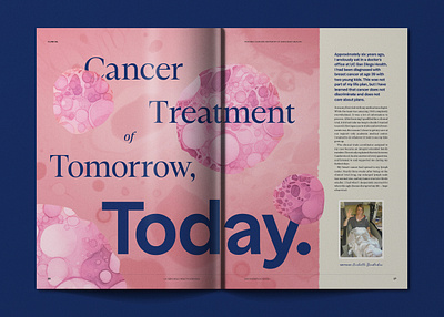 Discoveries Magazine Spread ai art artificial intelligence blue branding cancer cell design editorial illustration layout magazine midjourney pink print publication textures typography university