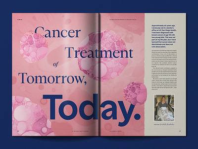 Discoveries Magazine Spread ai art artificial intelligence blue branding cancer cell design editorial illustration layout magazine midjourney pink print publication textures typography university