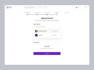 NFT Platform - Create Collection Flow - 2 components dropdown flow input field minimal nav product progress saas sidebar simple step stepper steps ui uiux upload walkthroughs wizard workflow