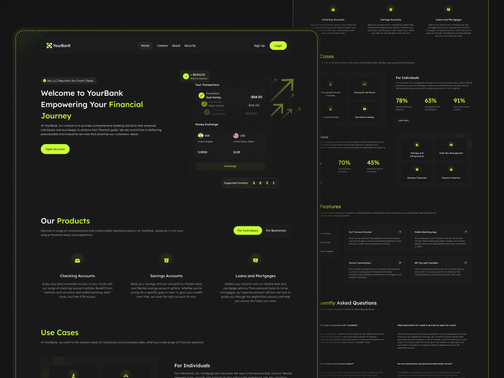 Home Page Design for a Modern Bank Website bank banking business dark figma finance futuristic home home page home page design landing page modern ui ui design ui ux web web page website website design website page