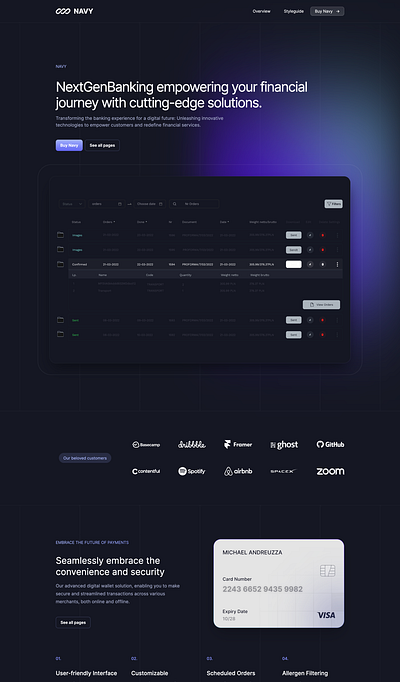 Navy – SaaS Multipage theme. code block dark mode features full shot landing page pricing screenshot template testimonials theme