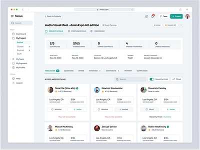 Hireus - Client Dashboard cards client create project design contract filters freelancer full time hiring hiring manager invite part time payment project project management proposal remote search talent find team upwork