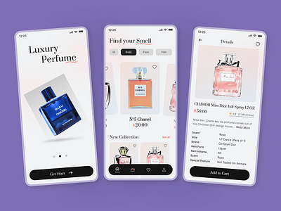 Perfume Shop Mobile App UI app design clean design clean ui design e commerce fragrance app fragrance profile home page lite color mobile app modern app modern ui perfume perfume app perfume shop profile shop ui ui ux