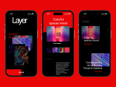 Art Event app concept app art artists black branding colorful dailyapps dark mode design detail page app event app home page app intro app ios red ui