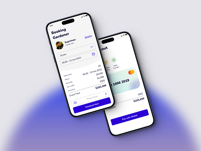Booking Gardener App animation app art booking branding card checkout date design garden graphic design icon illustration list logo person price time ui