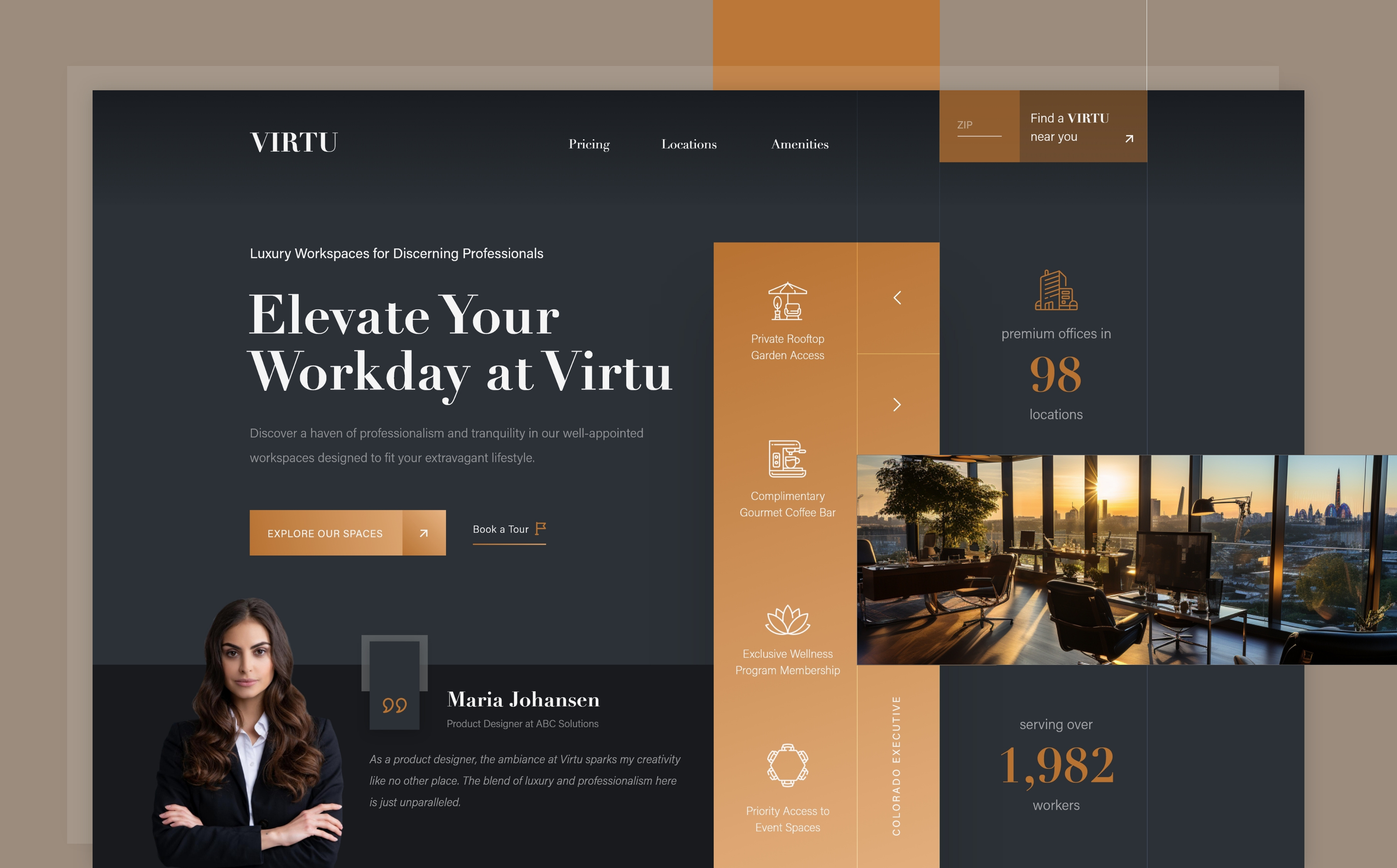 Virtu - Luxury Workspaces for Discerning Professionals clean dark mode elegant design home landing page luxury modern office rental product design timeless ui upscale website website design