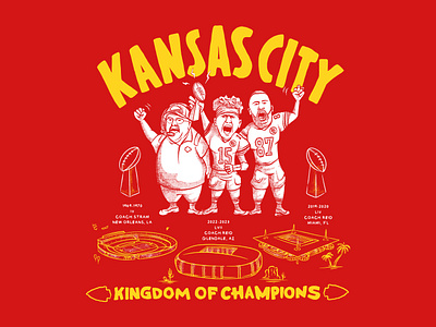 Kansas City Kingdom of Champions american football andy reid caricature champion character chiefs design handdrawn handlettering illustration kansas city kingdom of champions logo mahomes mascot nfl super bowl 2023 super bowl lvii travis kelce tshirt design