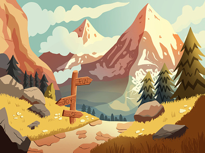 Sunny mountain trail illustration 2d design graphic design illustration mountains procreate storybook stylized sunny day trail