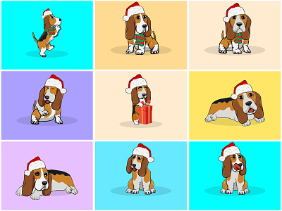 Jolly Paws Christmas🎁🎄🎅 adorable animal basset hound cartoon christmas cute dog festive gift illustration joy mascot pet playful relaxing santa santa hat santaclaus sticker vector