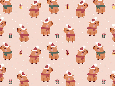 Christmas pattern with cute capybaras branding capybara christmas christmas background christmas pattern cute design graphic design illustration kids pattern seamless pattern surface wrapping paper xmas