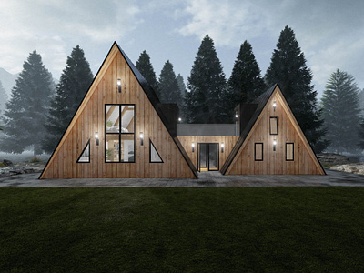 Archviz: A-Frame Double House 3d 3d rendering 3d visualization architectural visualization architecture archviz cgi forest house illustration lake lights mountains nature render rendering sky tree visualization wood