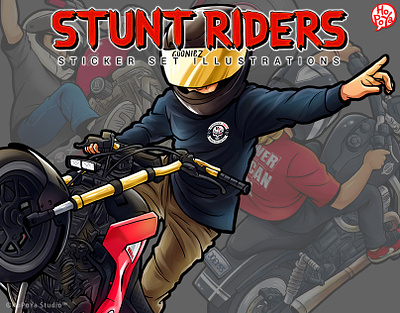 Stunt Riders Sticker Set Illustrations 2d action artwork cartoon character digital art freestyle graphic illustration motorcycle rider sticker stunt