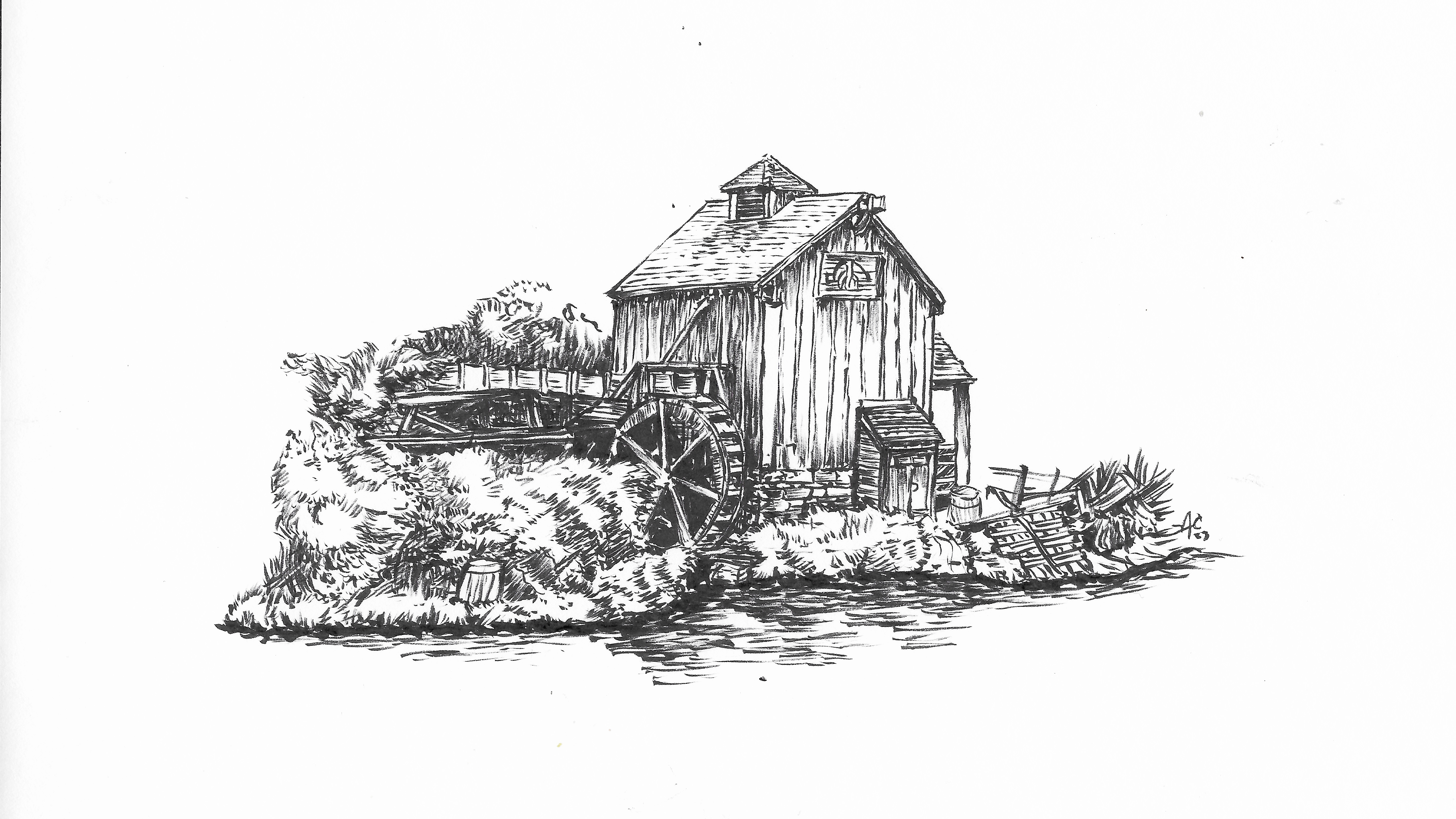 Trouble at the mill! drawing illustration ink inktober mill sketch waterwheel