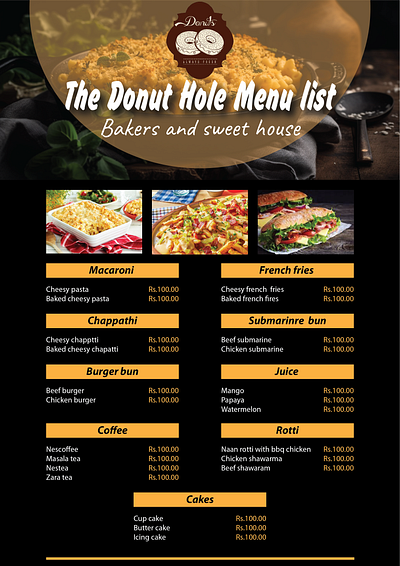 Menu list for restaurant branding design donut hole drinks flyer design foods graphic design illustration menu lsit price list restaurent