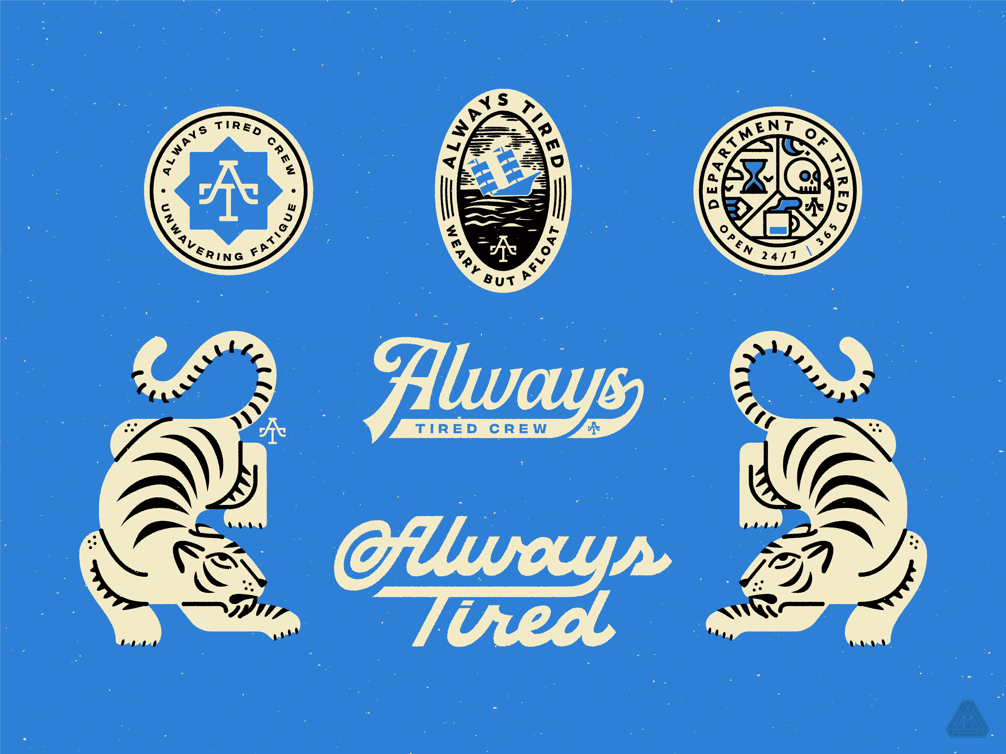 Always Tired Branding art badge branding crest design hand drawn hand lettering handlettering illustration illustrator lettering patch retro script ship sinking sketch tiger tired vintage
