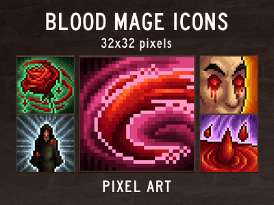 Blood Mage Icons 32×32 Pixel Art 2d 32x32 asset assets fantasy game game assets gamedev icon icons indie indie game magic mmo pixel pixelart pixelated rpg skill skills