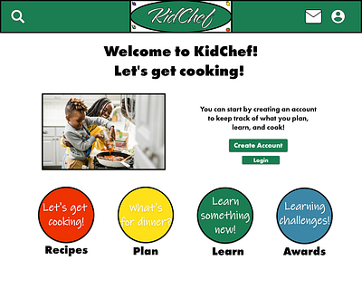 Home page for cooking website/app for children design ui ux
