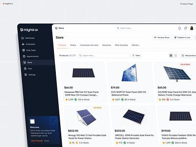 Rayna UI - Product store chips component component library dashboard dashboard ui design design system ecommerce figma design system icons menu icon product page product ui saas saas web saasui store table icon ui ui card
