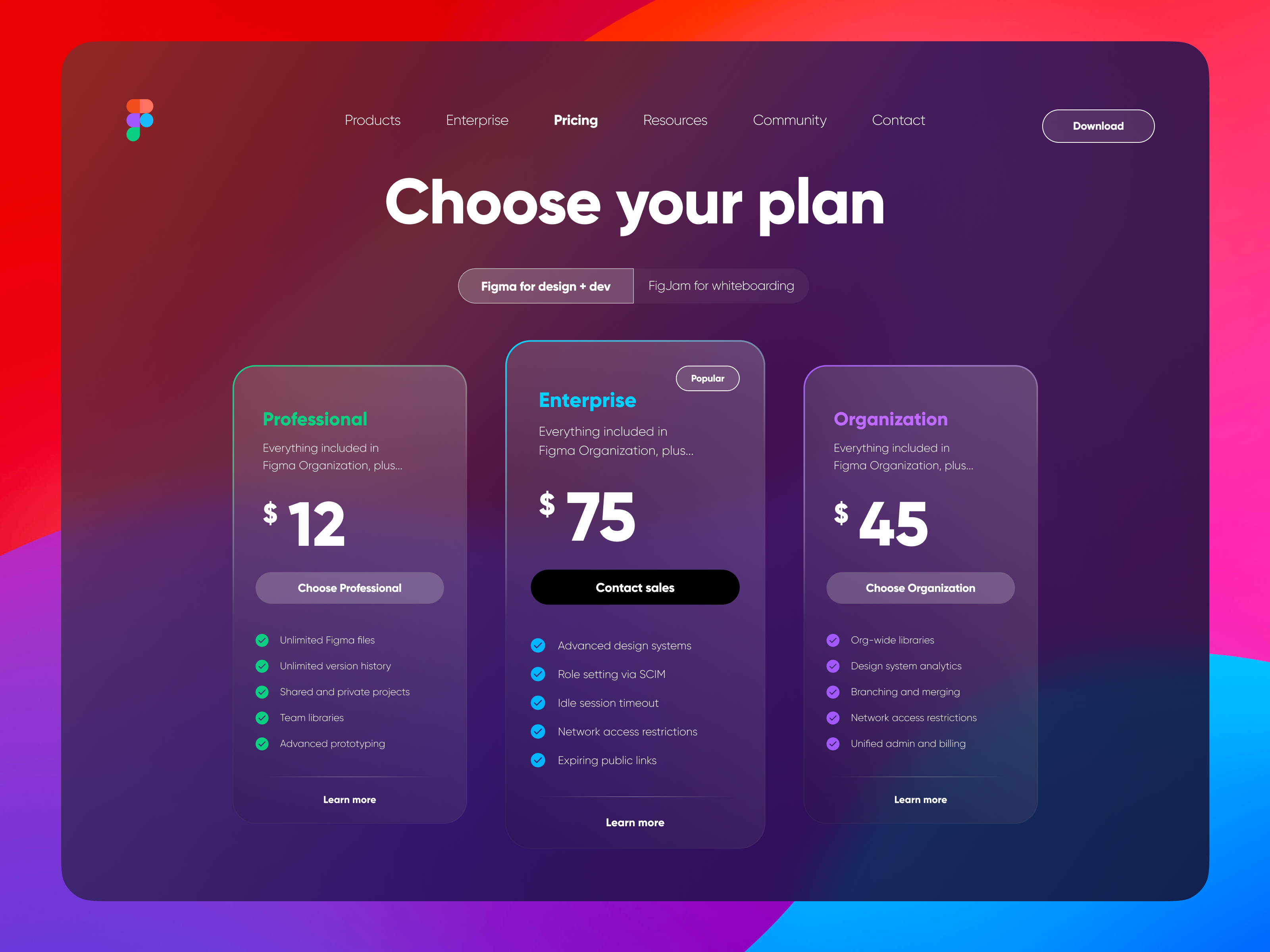 Pricing for Figma landing page app design download enterprise figma organization page price pricing for figma landing page products professional resources ui ux web website