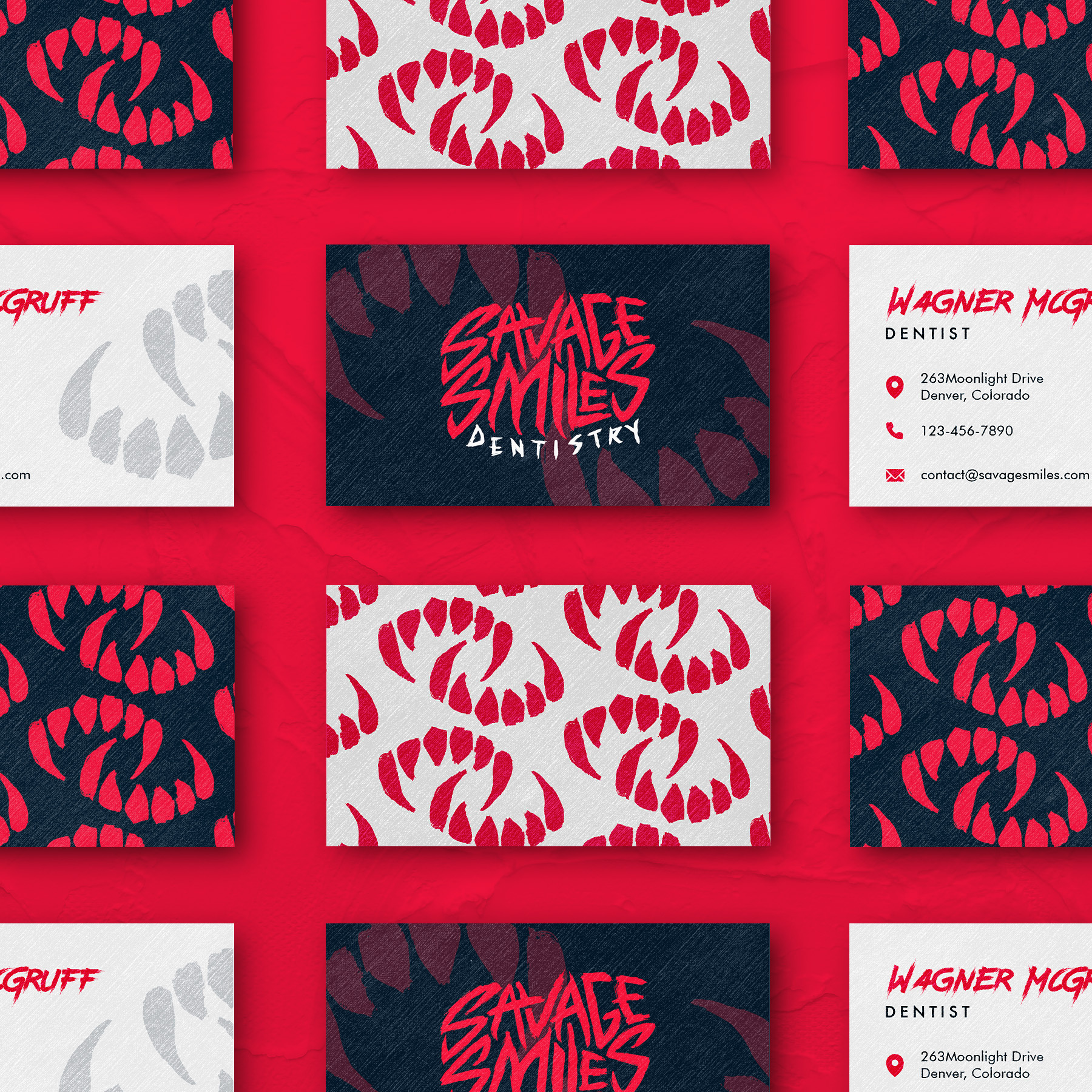 Savage Smiles Dentistry (Halloween Design #2) brand design brand designer brand identity branding business cards dentist design graphic design graphic designer halloween hand drawn icon illustrator logo logo design mockup photoshop teeth vector werewolf