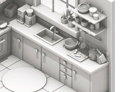 Kitchen WIP 3d assets cabinets cinema 4d grayscale house kitchen model modeling render rice cooker room sink window wip