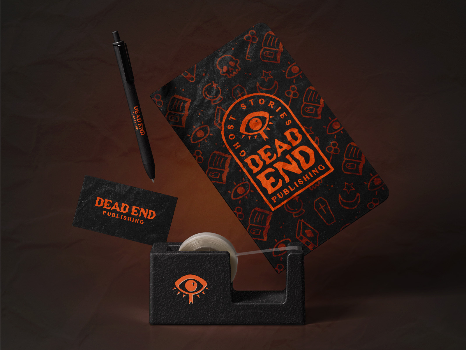 Dead End Publishing (Halloween Design #5) black book bookmark brand design brand identity branding business cards eye halloween hand drawn icon journal logo logo design mockup october orange pen publishing tape