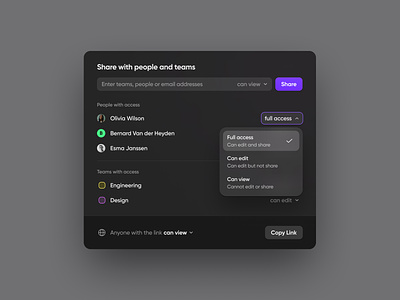 BuildBetter.ai - Permissions Menu for Documents and Calls ai app buildbetter card dark design design system dropdown interface menu minimal modal popup product design share ui user experience user interface ux web