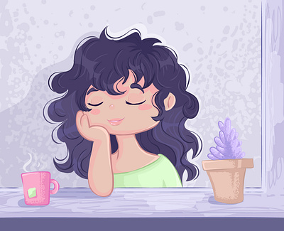 Peace in the morning! art artwork character chibi cookies cute design digital editorial girl green illustration lovely morning peace pink portrait purple relax vector