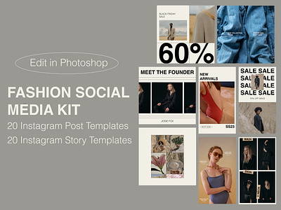 Fashion Social Media Template Kit adobe photoshop creative studio design download editable fashion business fashion social media graphic design graphic designer mareket marketing minimal mockup photography sale social media social media kit social media templates template templates